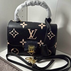 Designer Inspired Black with Crème Monogram Top Handle Satchel